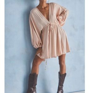 Light pink free people arzel plunging v-neck tie waist dress